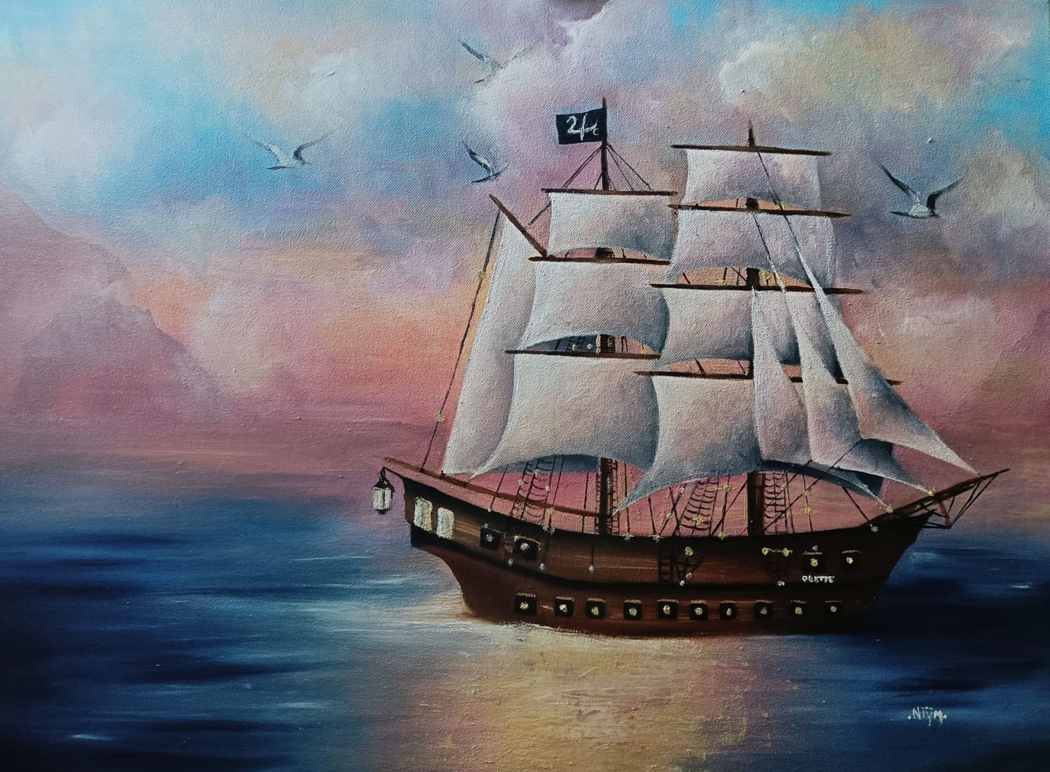 Huile sur toile Voilier sur couche de soleil sans paysage